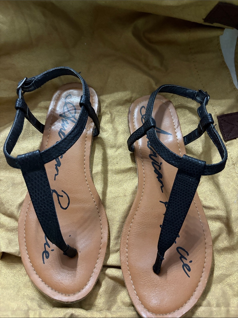 Black T-Strap Women's Sandals with Tan Footbed